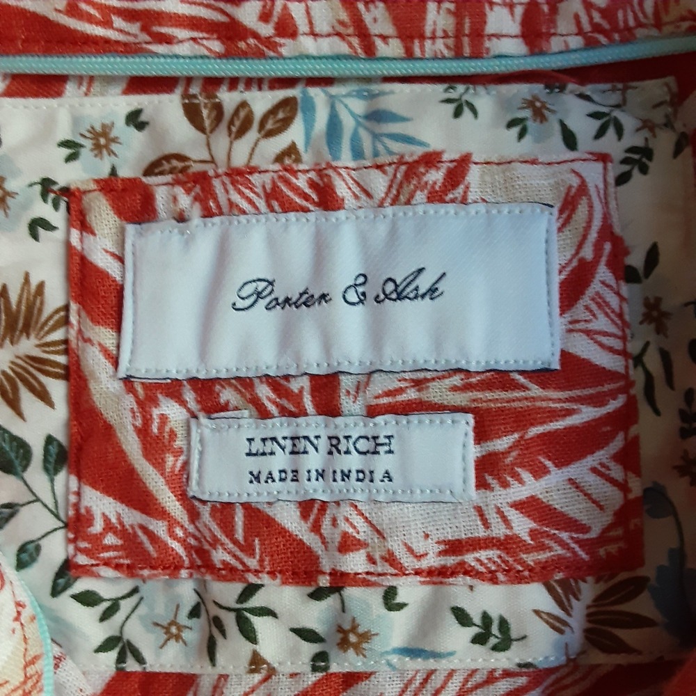 Porter & Ash Mens Orange Tropical Palm Leaf Linen Blend Short Sleeve Shirt M - Picture 3 of 9